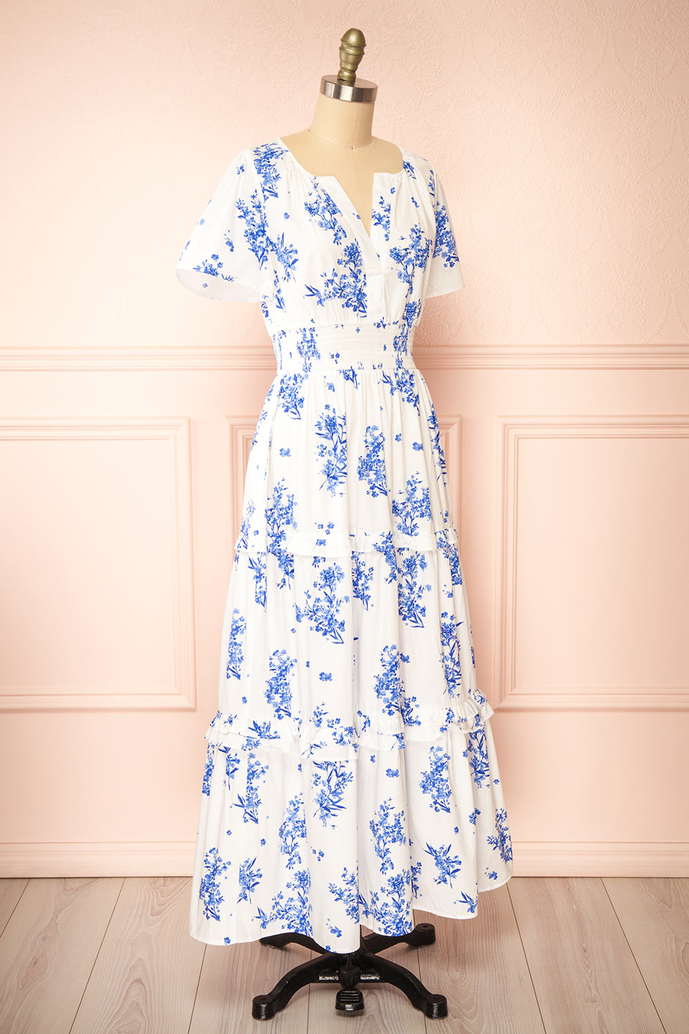Claudia White Maxi Dress w/ Blue Floral Pattern | Boutique 1861 side view