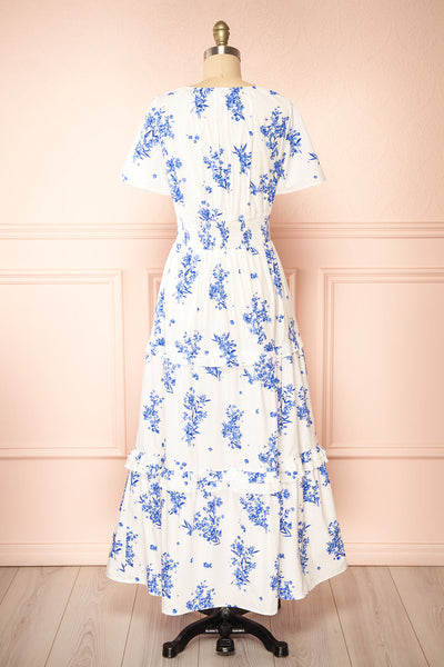 Claudia White Maxi Dress w/ Blue Floral Pattern | Boutique 1861 back view