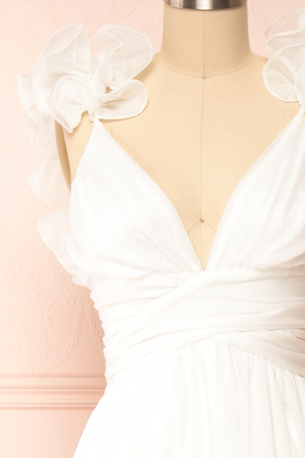 Clemence Long White Dress w/ Ruffled Straps | Boudoir 1861 front close-up