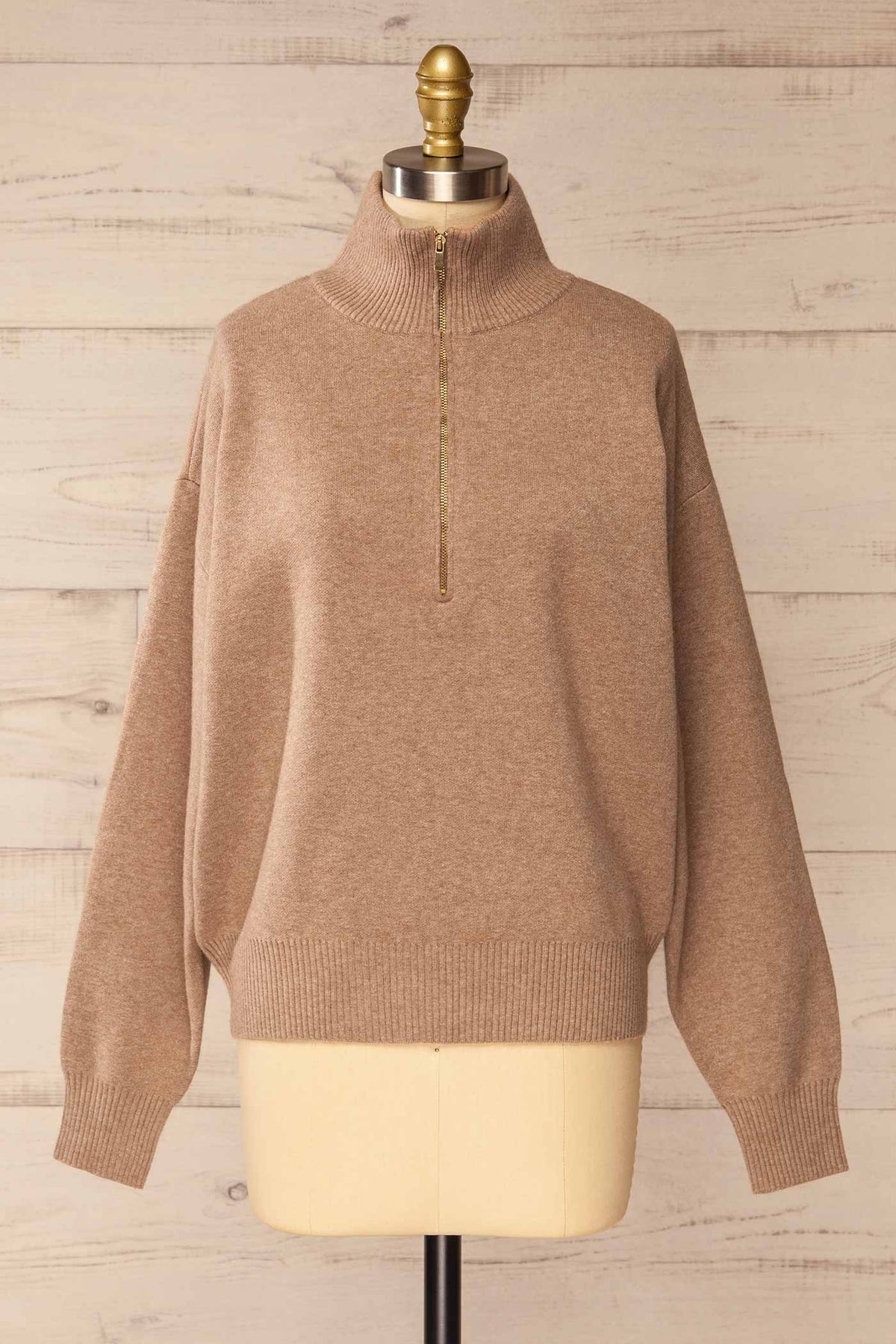 front view of Coari Taupe Quarter-Zip Knit Sweater at La petite garçonne