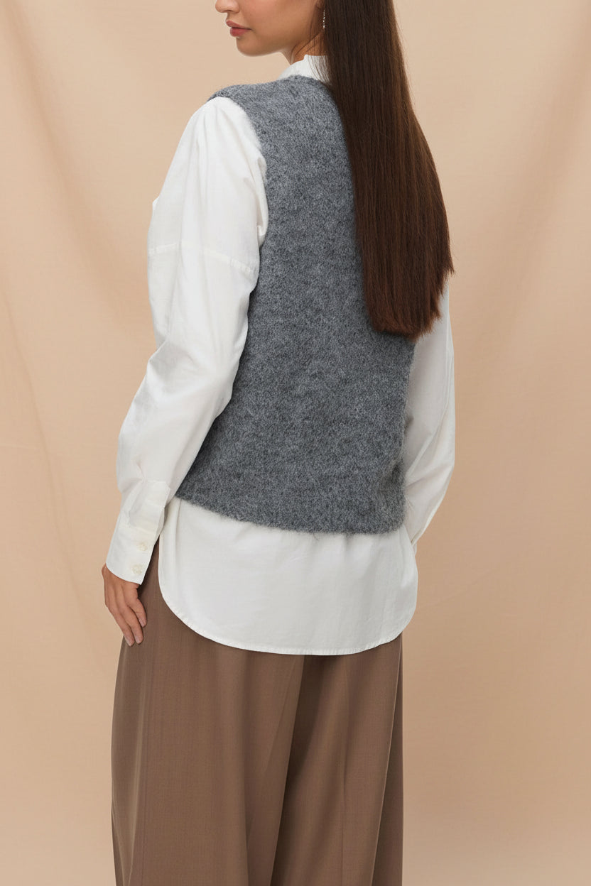 Cobar Grey Fluffy Knitted Button-Up Vest | La petite garçonne back model