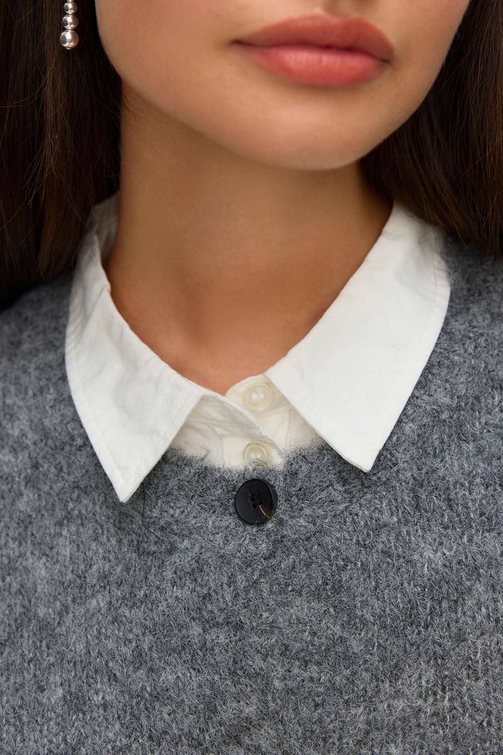 Cobar Grey Fluffy Knitted Button-Up Vest | La petite garçonne close-up model