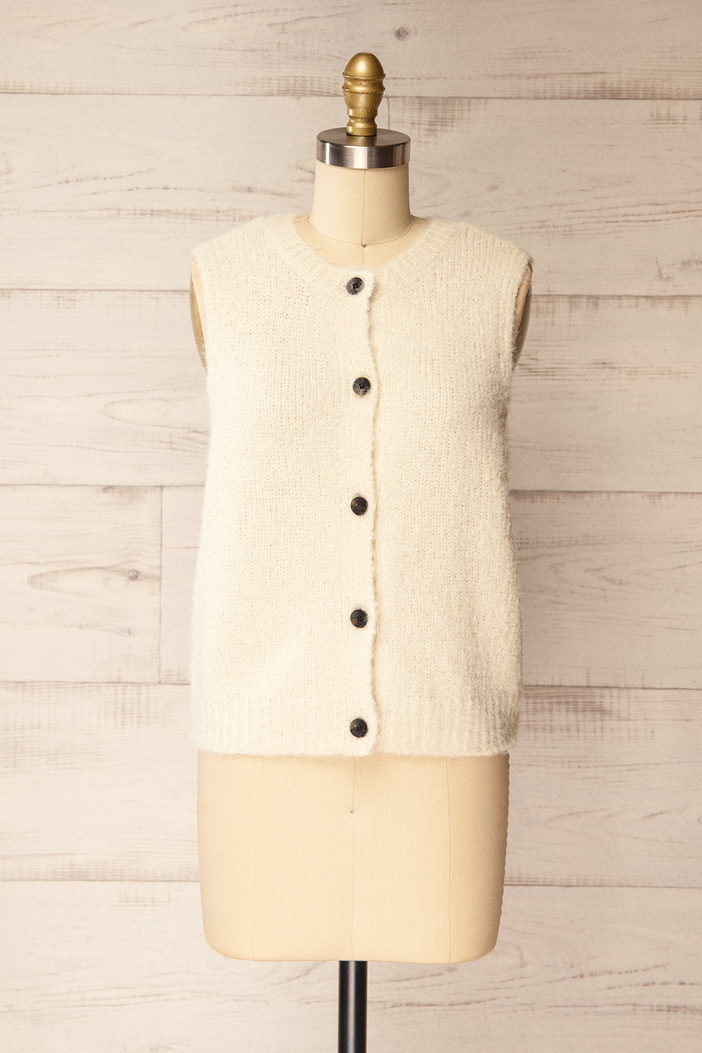 Cobar Ivory Fluffy Knitted Button-Up Vest | La petite garçonne front view
