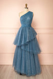 Cody Blue Grey Maxi One Shoulder Dress with Glitters | Boutique 1861 front view