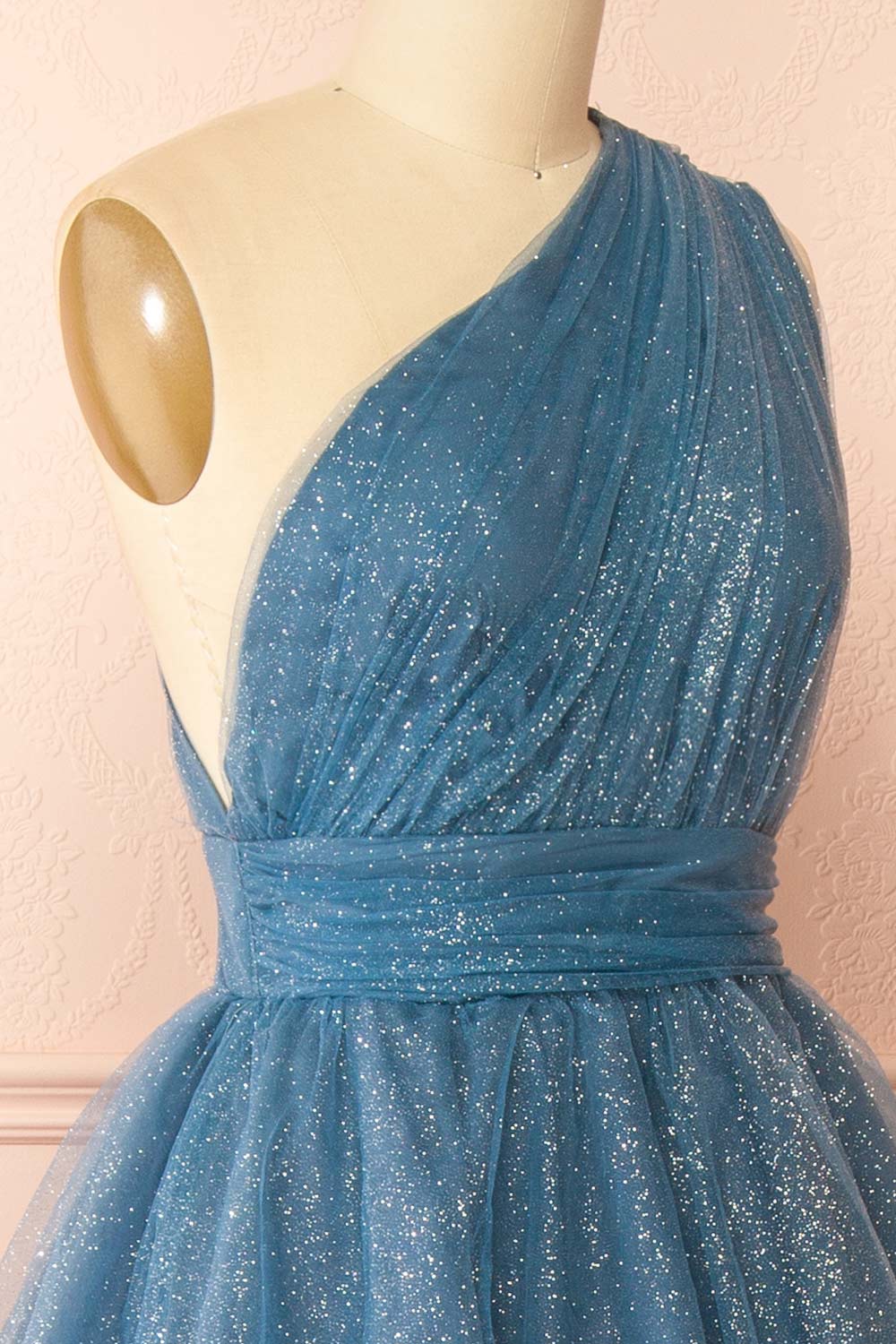 Cody Blue Grey Maxi One Shoulder Dress with Glitters | Boutique 1861 side