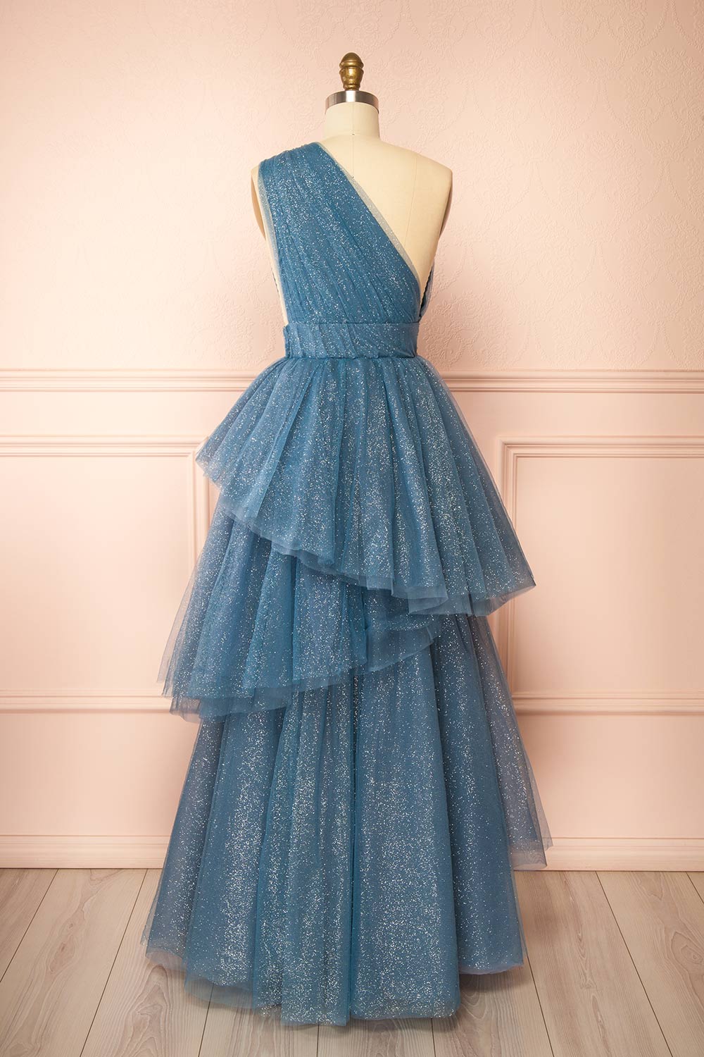 Cody Blue Grey Maxi One Shoulder Dress with Glitters | Boutique 1861 back view