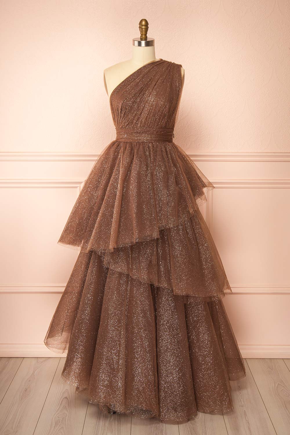 Cody Brown Maxi One Shoulder Dress with Glitters | Boutique 1861 front view