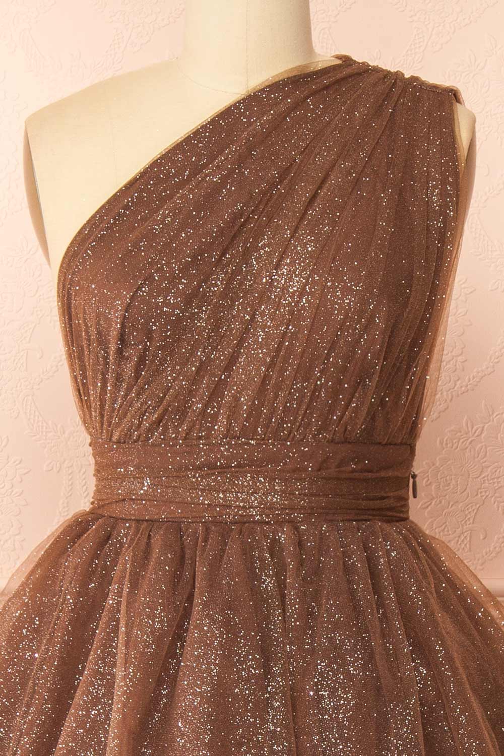 Cody Brown Maxi One Shoulder Dress with Glitters | Boutique 1861 front