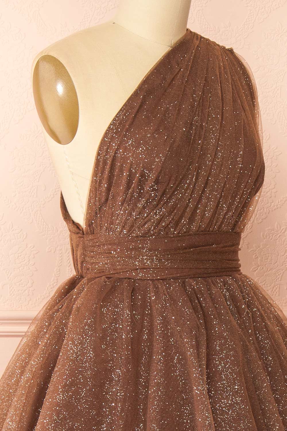 Cody Brown Maxi One Shoulder Dress with Glitters | Boutique 1861 side