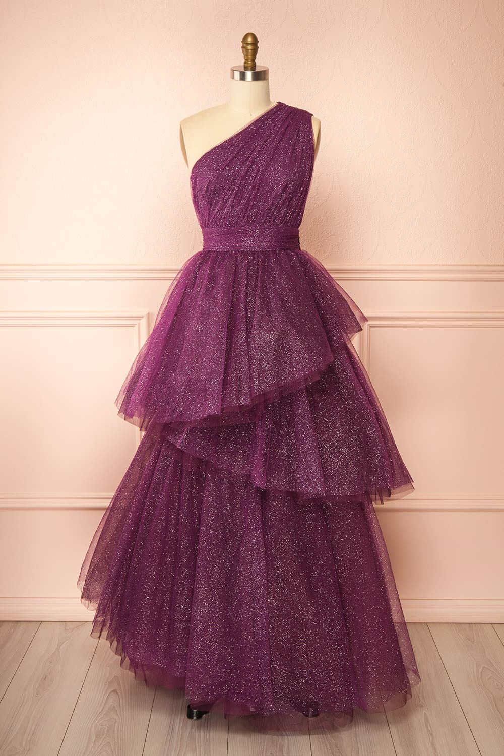 fitted lace wedding dress Cody Purple Maxi One Shoulder Dress With Glitters