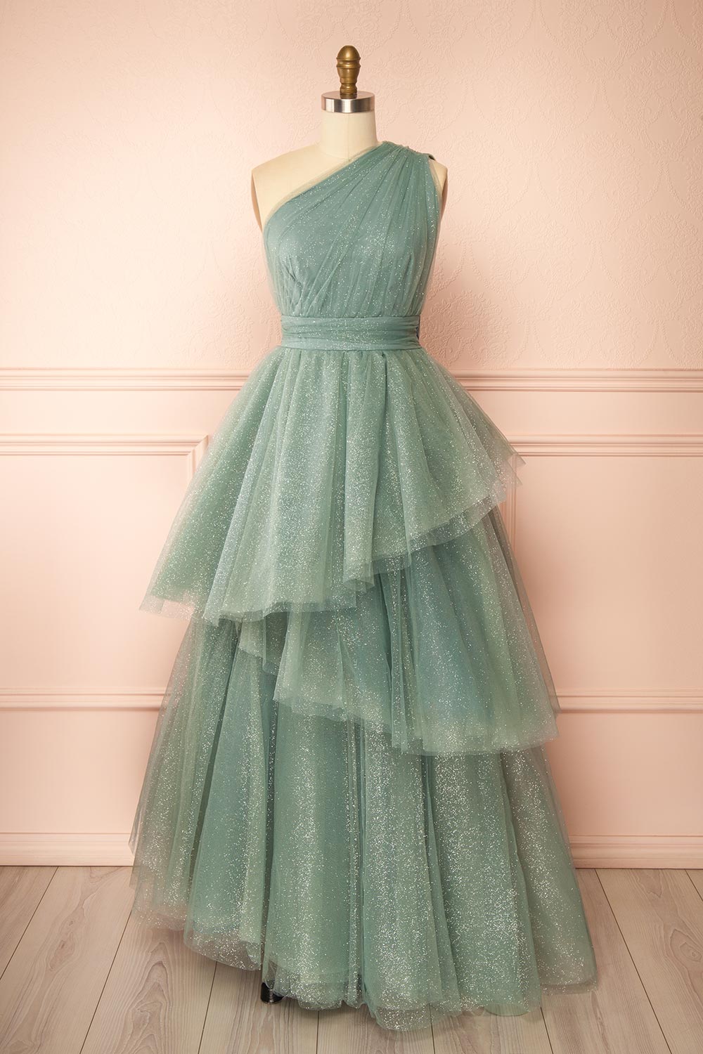 Cody Teal Maxi One Shoulder Dress with Glitters | Boutique 1861 front view
