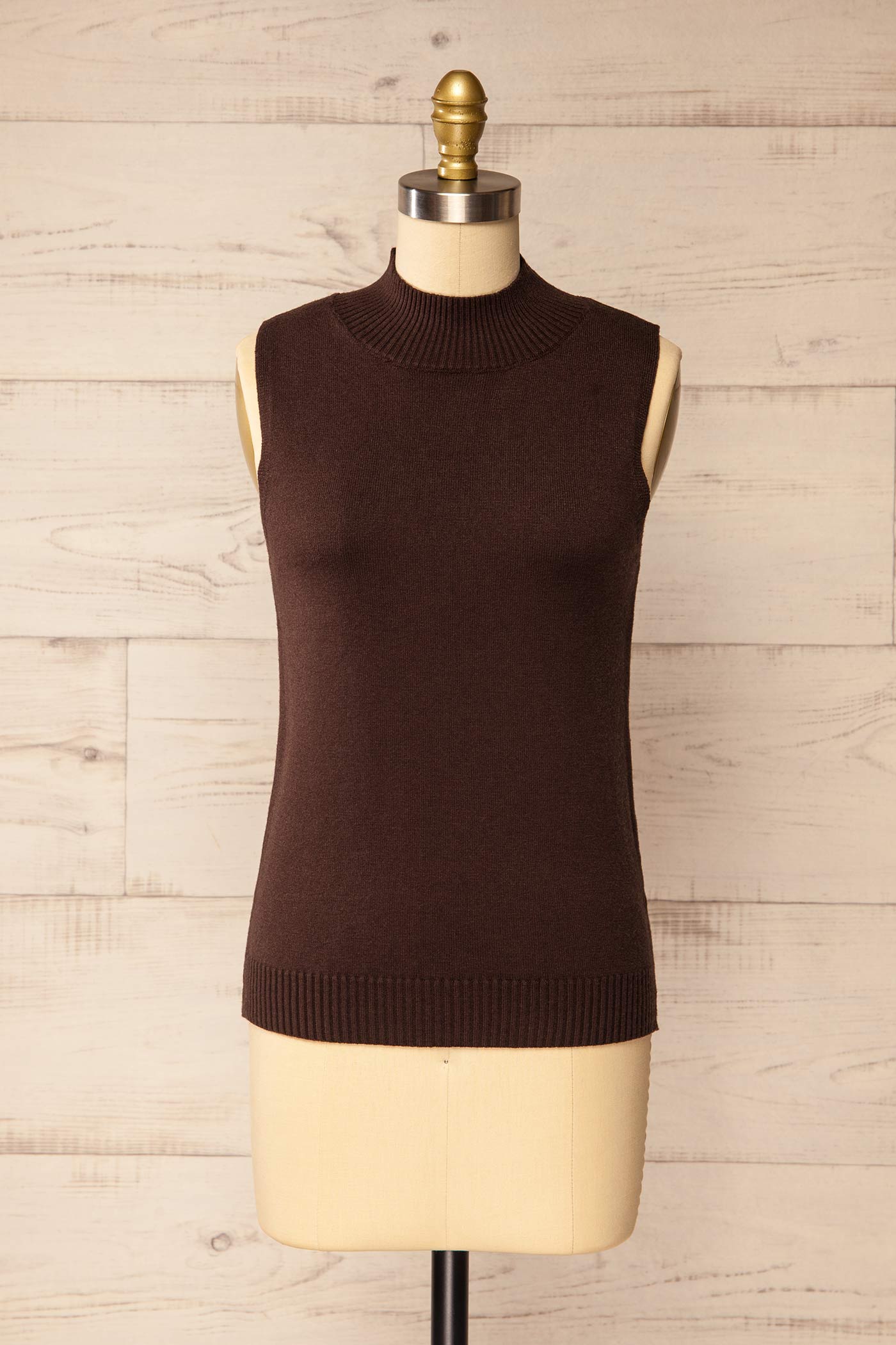 front view of Colbin Brown Sleeveless Knit Top with Ribbed Hem at La petite garçonne