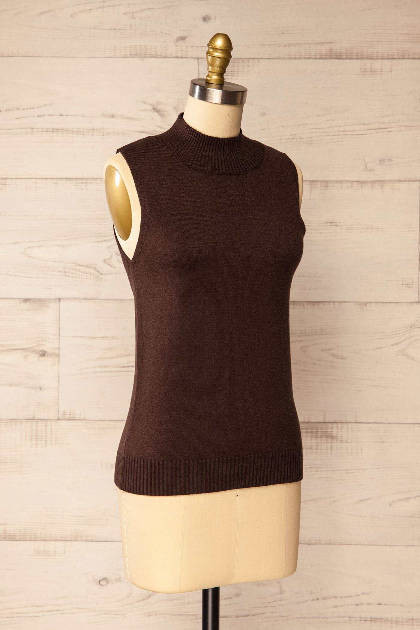 side view of Colbin Brown Sleeveless Knit Top with Ribbed Hem at La petite garçonne