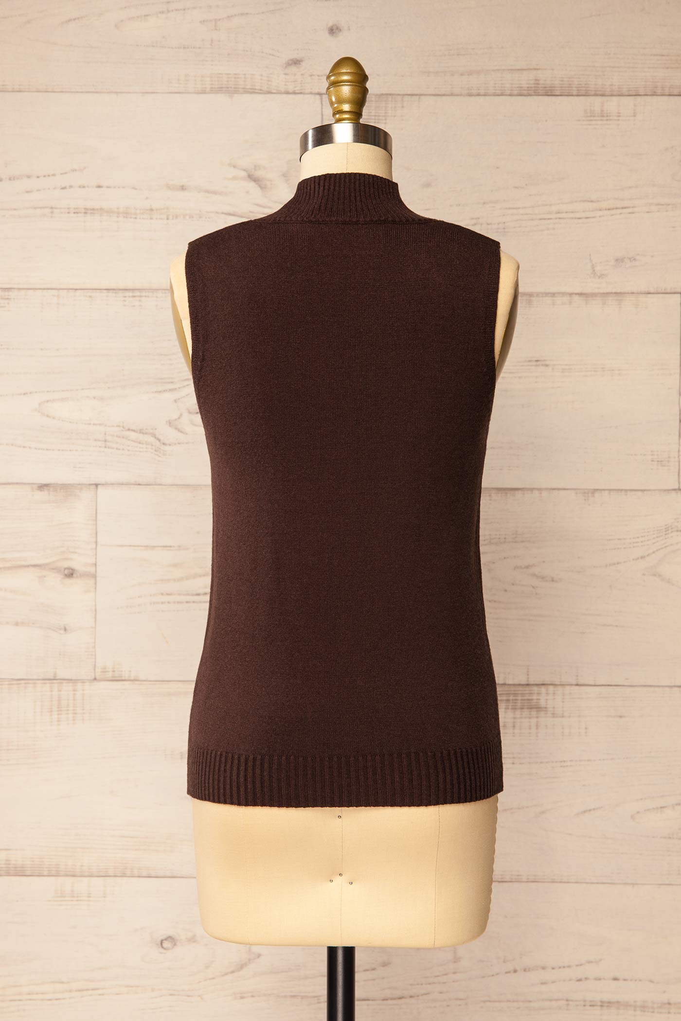 back view of Colbin Brown Sleeveless Knit Top with Ribbed Hem at La petite garçonne