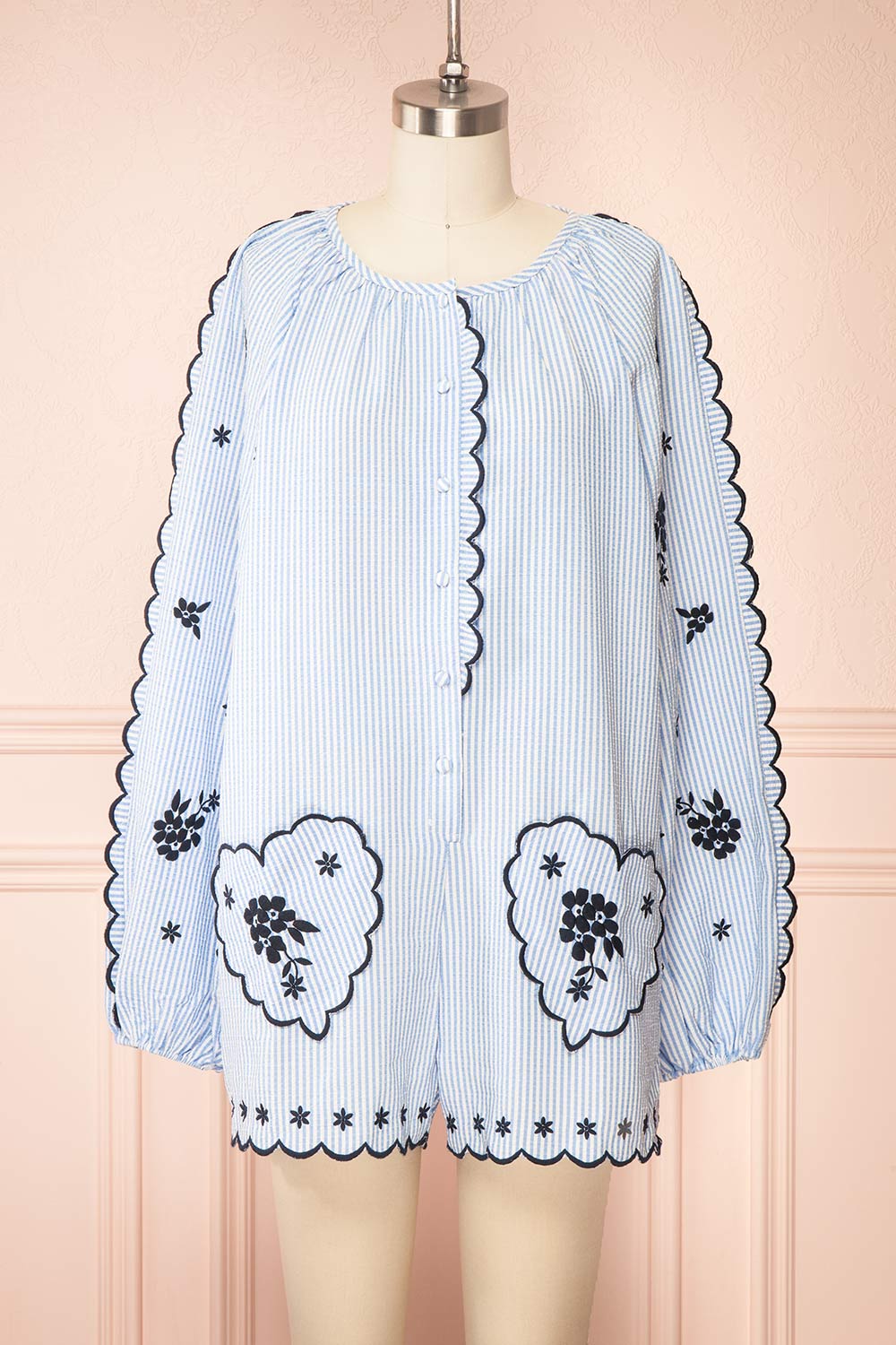 Colette Blue Striped Romper w/ Heart-Shaped Pockets | Boutique 1861 front view