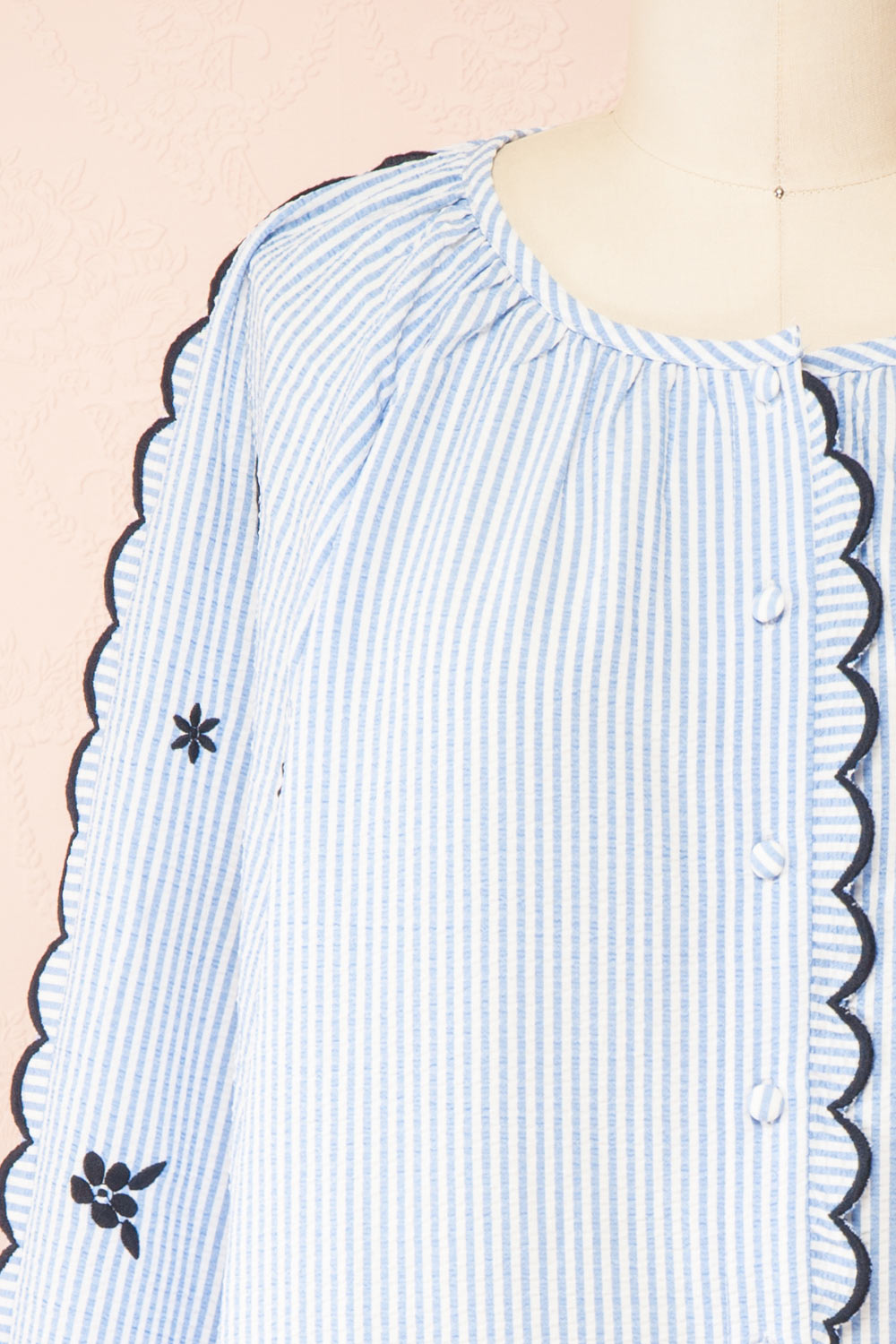 Colette Blue Striped Romper w/ Heart-Shaped Pockets | Boutique 1861 front