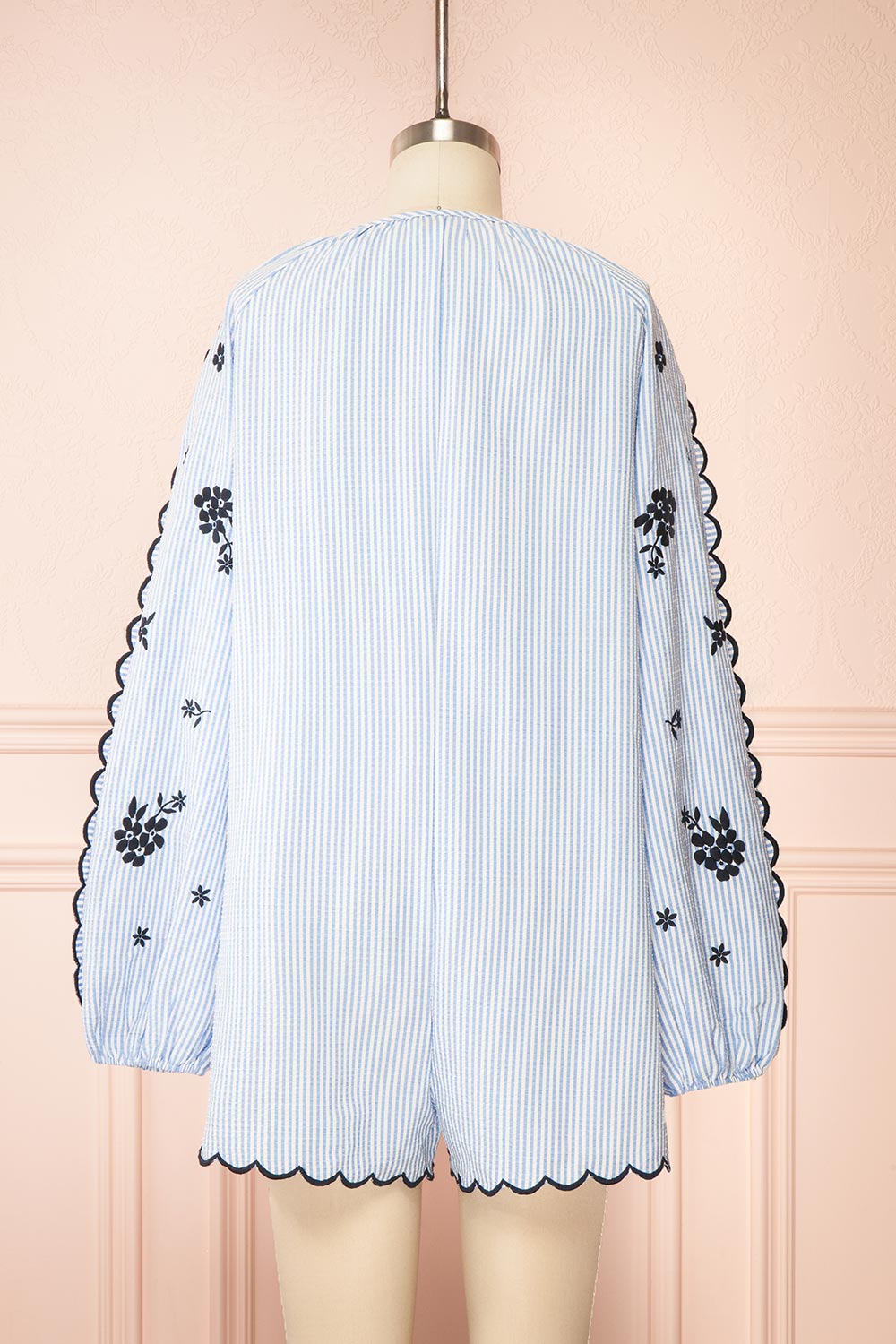 Colette Blue Striped Romper w/ Heart-Shaped Pockets | Boutique 1861 back view