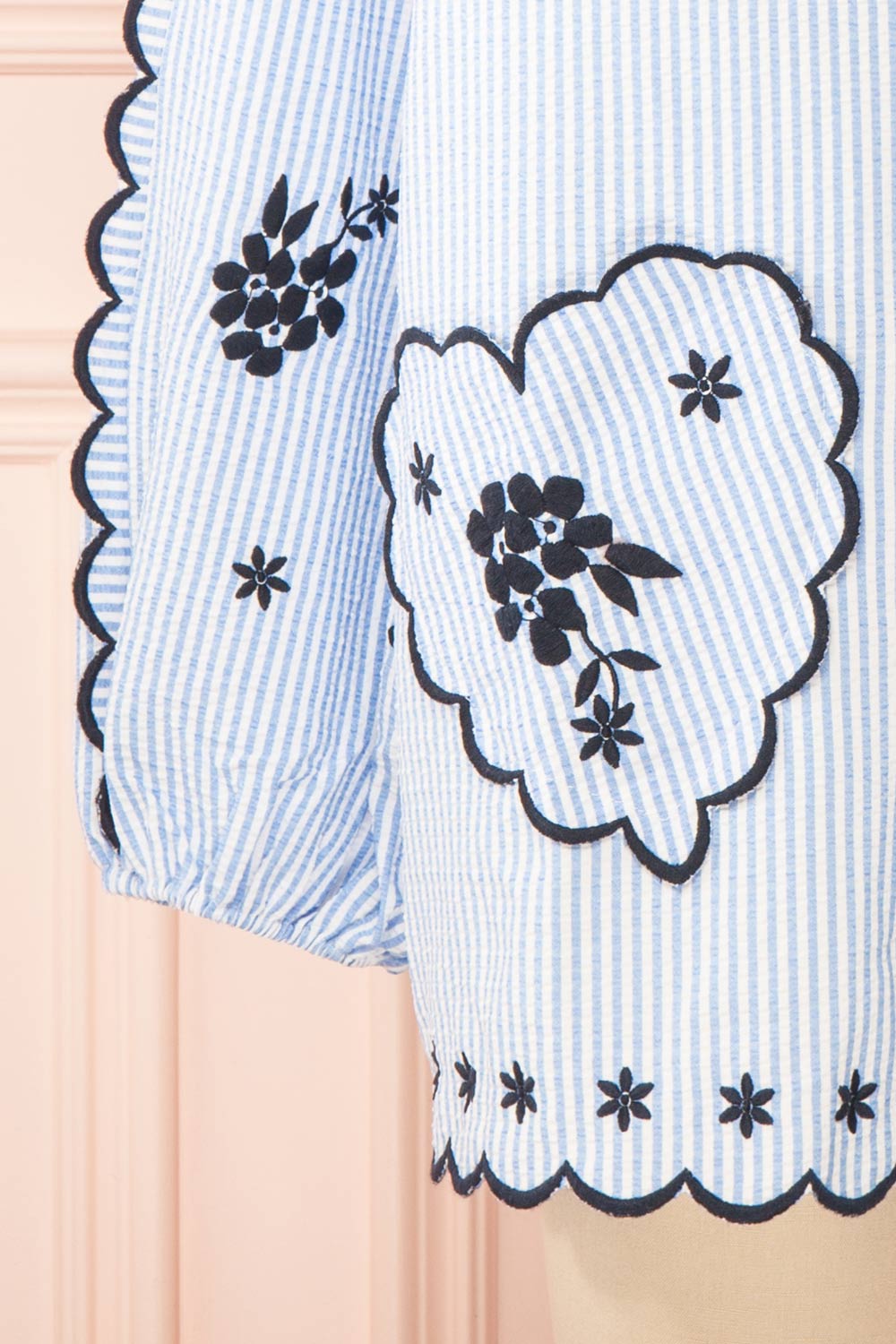 Colette Blue Striped Romper w/ Heart-Shaped Pockets | Boutique 1861 bottom