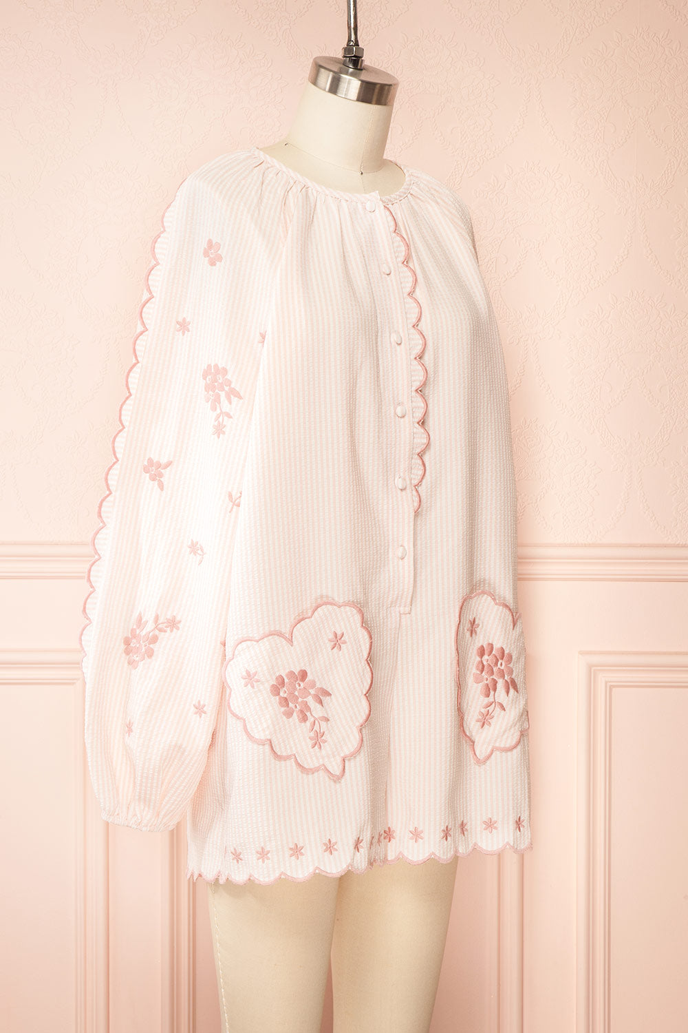 Colette Pink Striped Romper w/ Heart-Shaped Pockets | Boutique 1861 side view