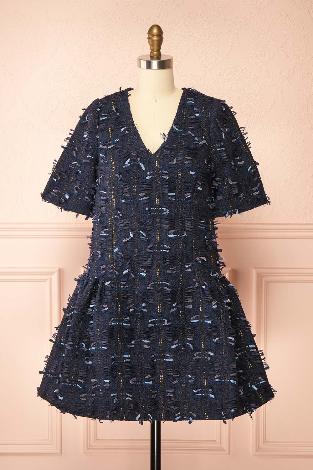 Coralyne Navy Tweed V-Neck Mini Dress | Boutique 1861 front view
