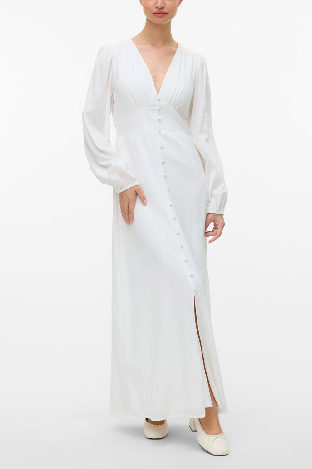 Corentine White Long-Sleeve Button-Down Maxi Dress | Boutique 1861 front model