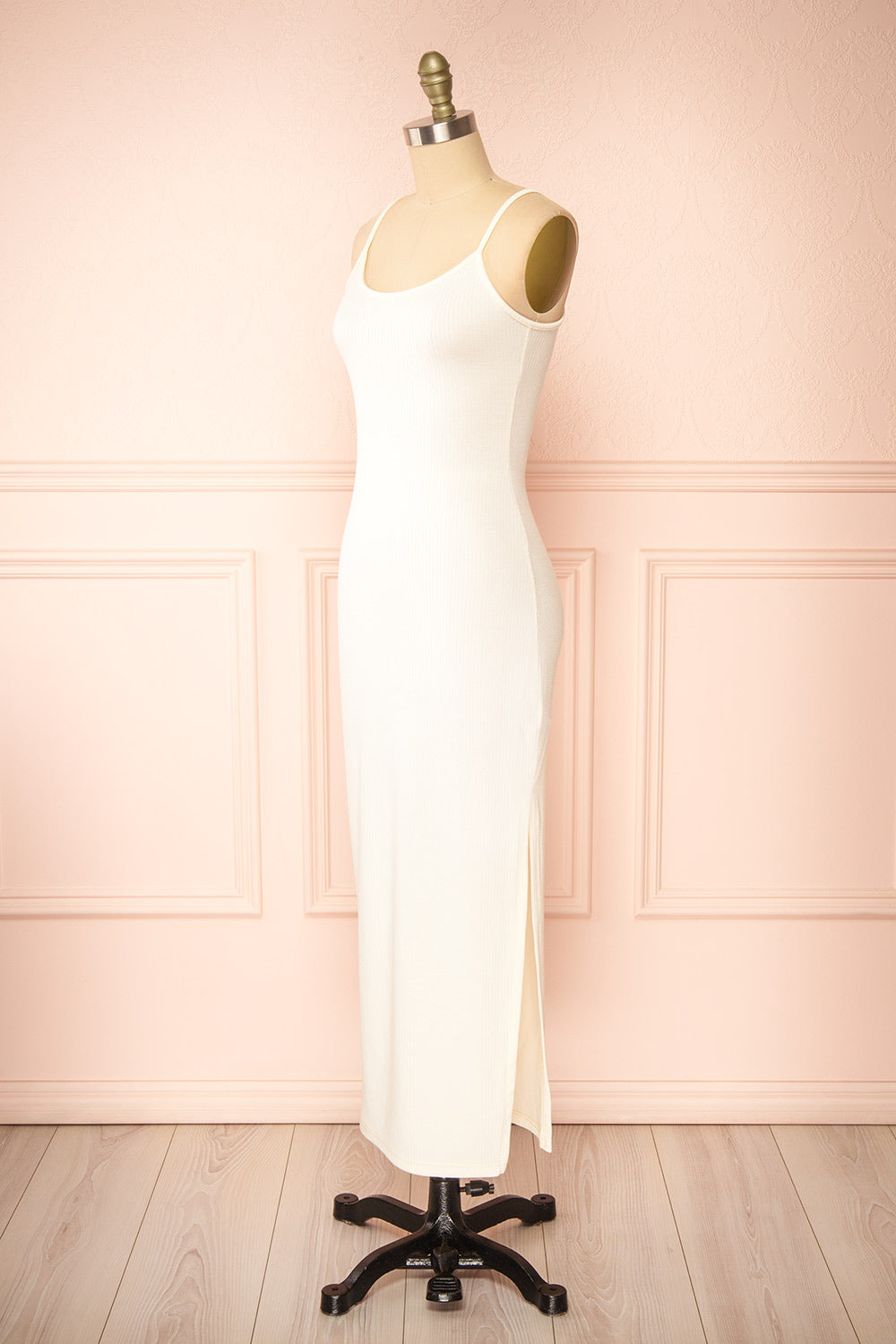 Corina Long Cream Fitted Sleeveless Knit Dress | Boutique 1861  side view