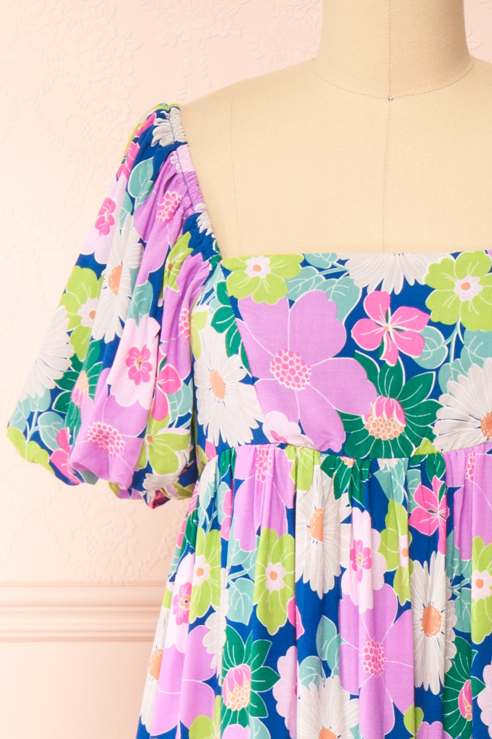 Cornelia Colourful Floral Midi Babydoll Dress | Boutique 1861 front close-up
