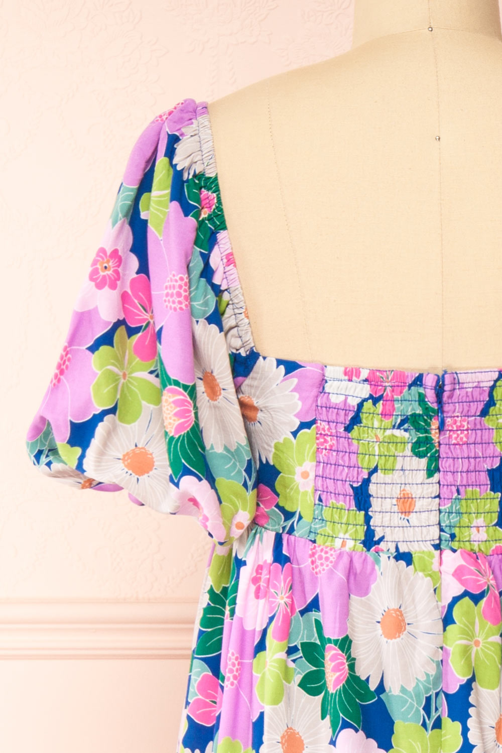 Cornelia Colourful Floral Midi Babydoll Dress | Boutique 1861 back close-up