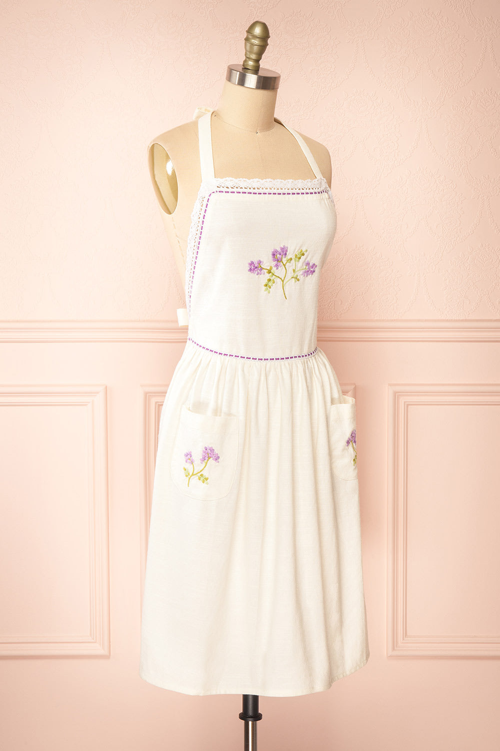 Cornwall White Apron with Embroidered Lavender | Boutique 1861 side view