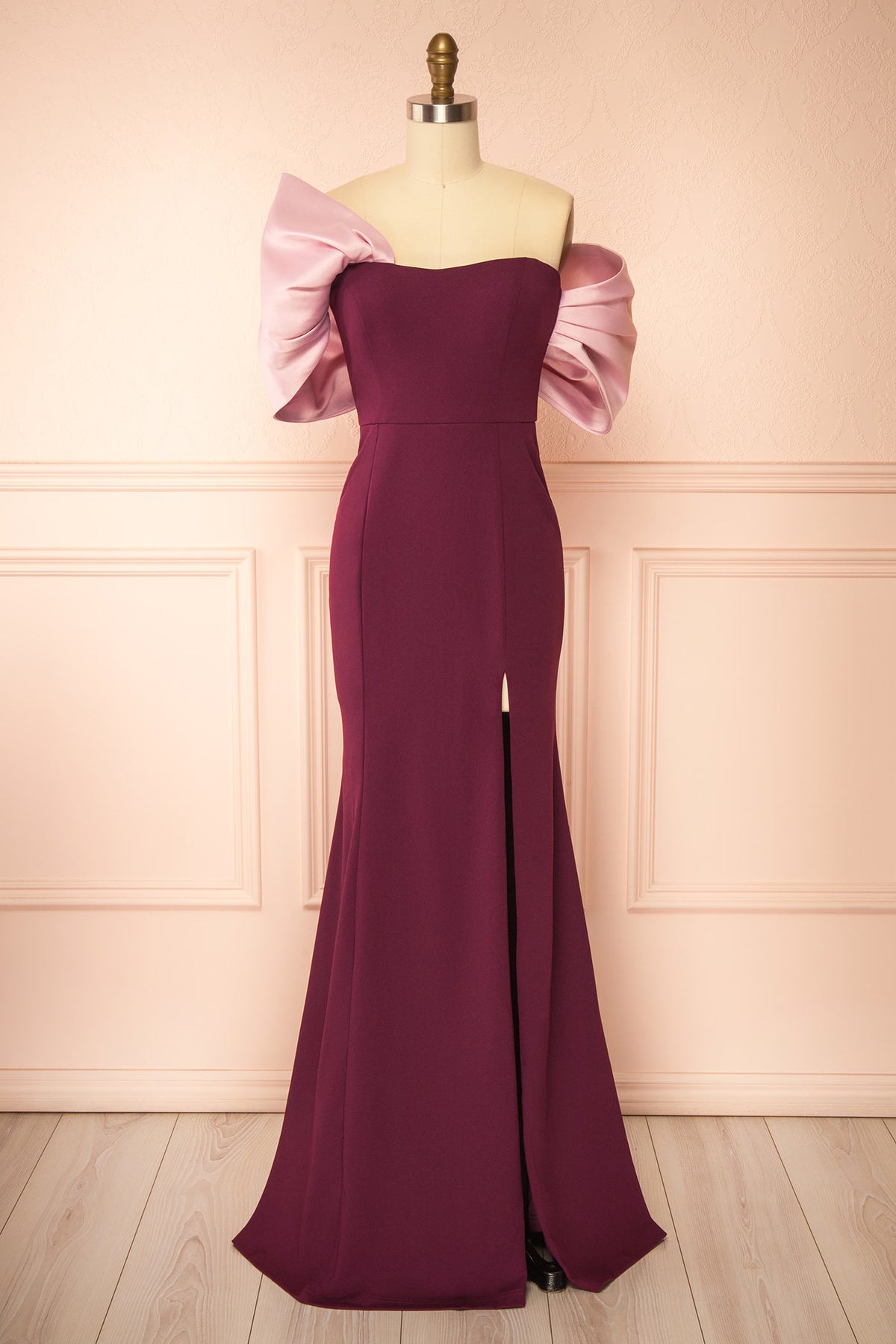 Front view of Corven Burgundy Maxi Dress with High Slit at Boutique 1861
