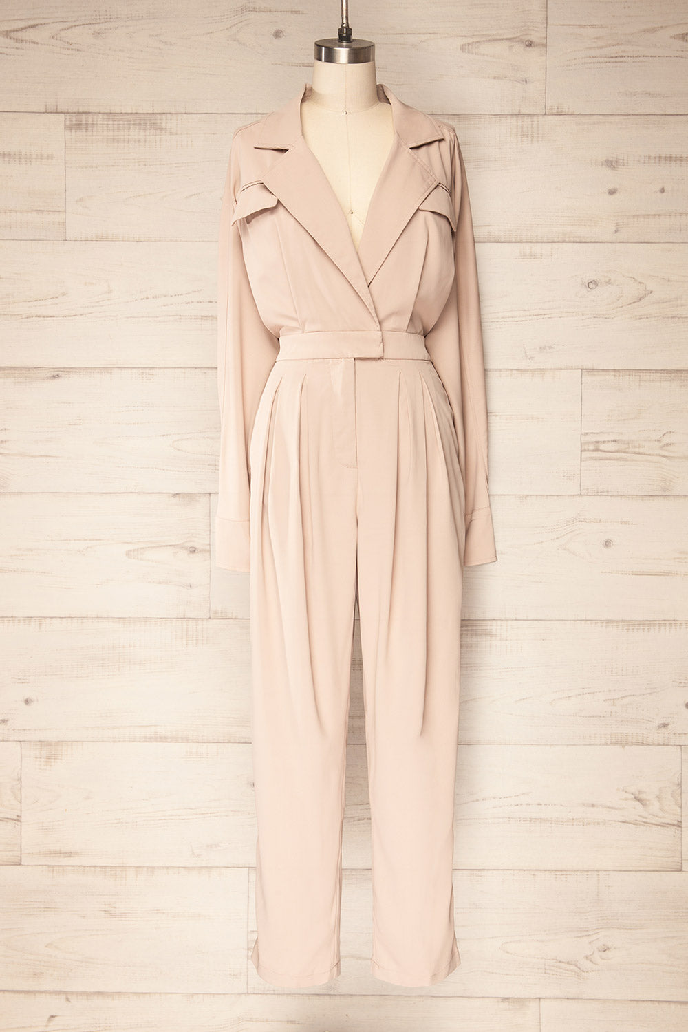 Cracovie Taupe Utility Jumpsuit w/ Long Sleeves | La petite garçonne front view