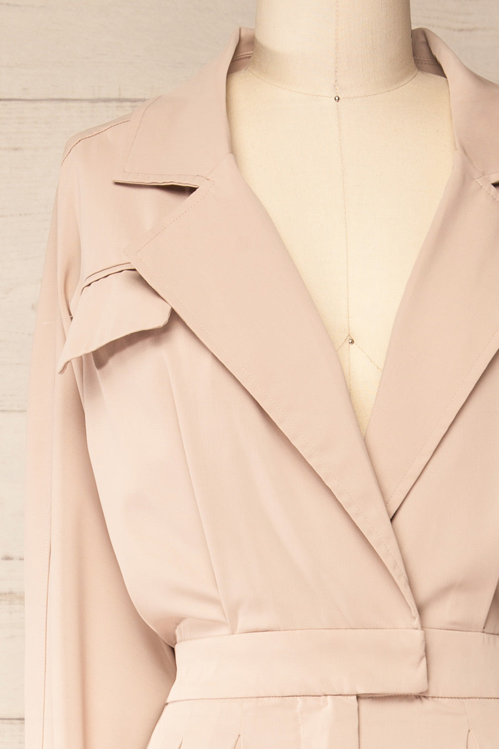 Cracovie Taupe Utility Jumpsuit w/ Long Sleeves | La petite garçonne front close-up