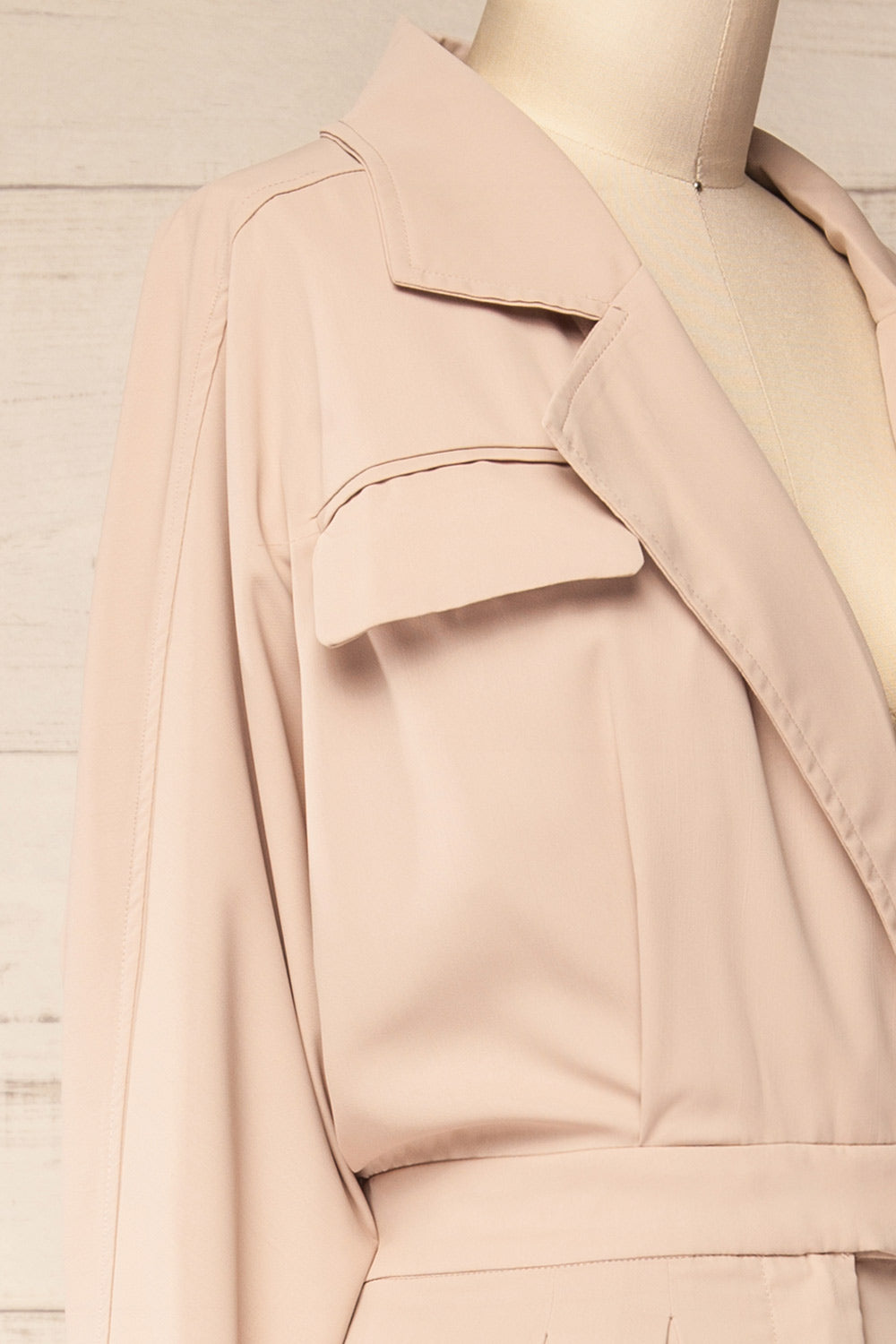 Cracovie Taupe Utility Jumpsuit w/ Long Sleeves | La petite garçonne side close-up