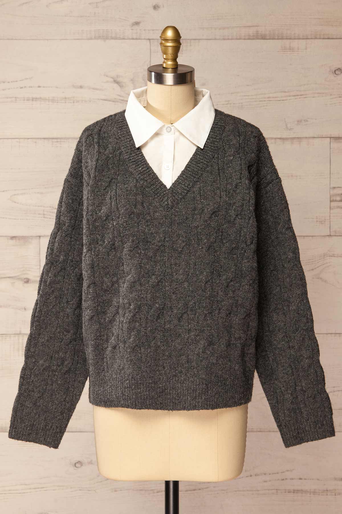 front view of Crato Dark Grey Knit Sweater with Built-In Collar at La petite garçonne