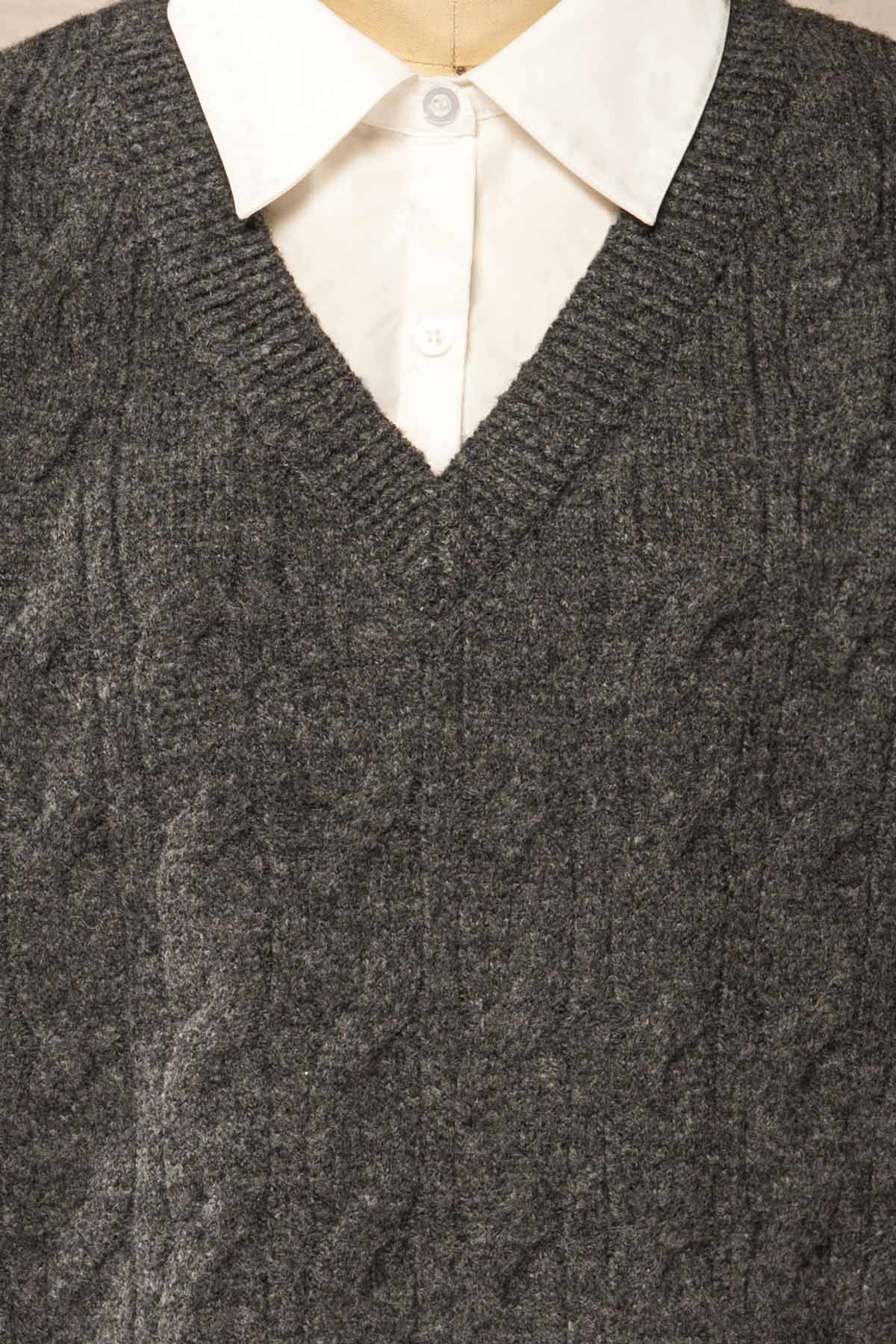 Zoomed-in front collar details and sweater texture of Crato Dark Grey Knit Sweater with Built-In Collar at La petite garçonne