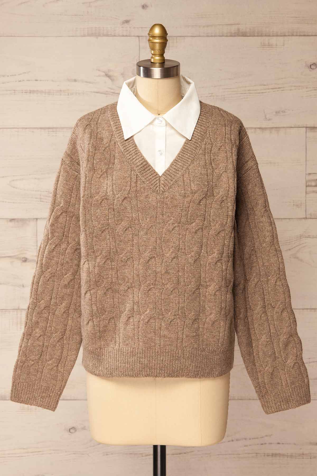 front view of Crato Taupe Knit Sweater with Built-In Collar at La petite garçonne