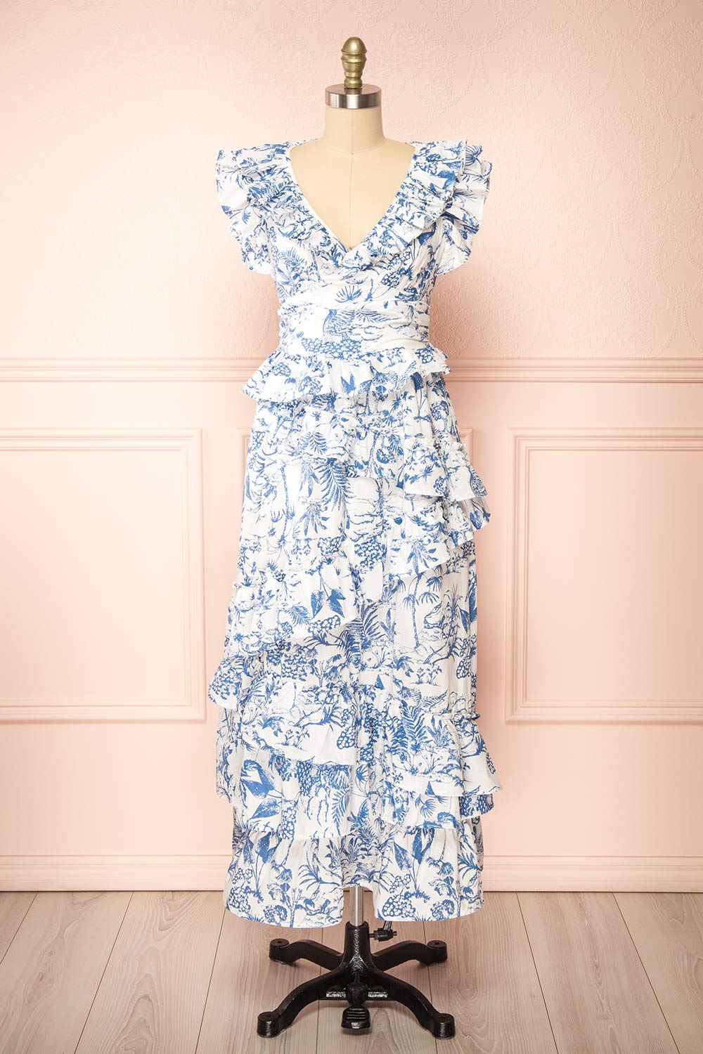 cressida midi dress Cressida White & Blue Patterned Midi Dress w/ Ruffles