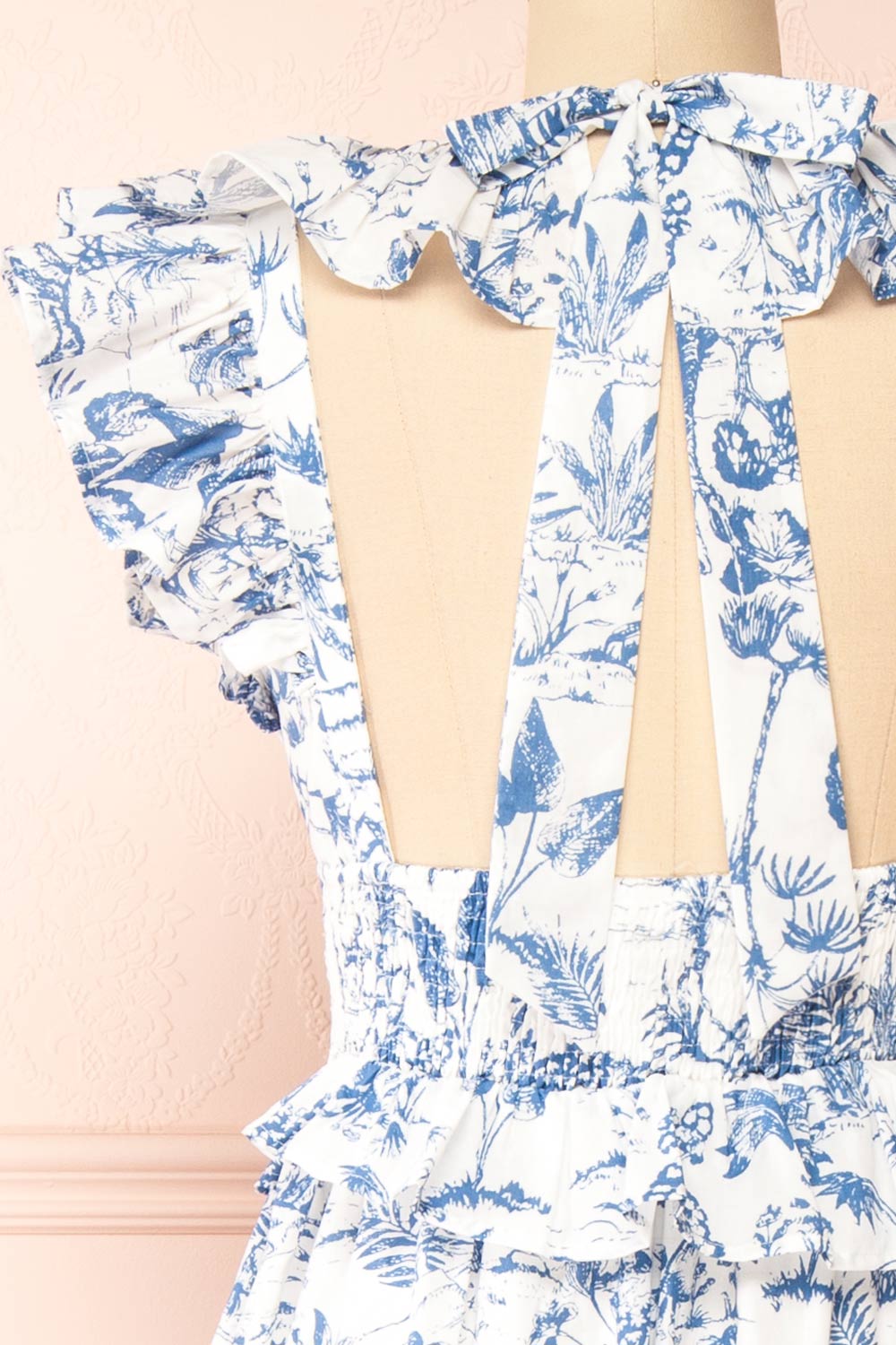 Cressida White & Blue Patterned Midi Dress w/ Ruffles | Boutique 1861 back close-up
