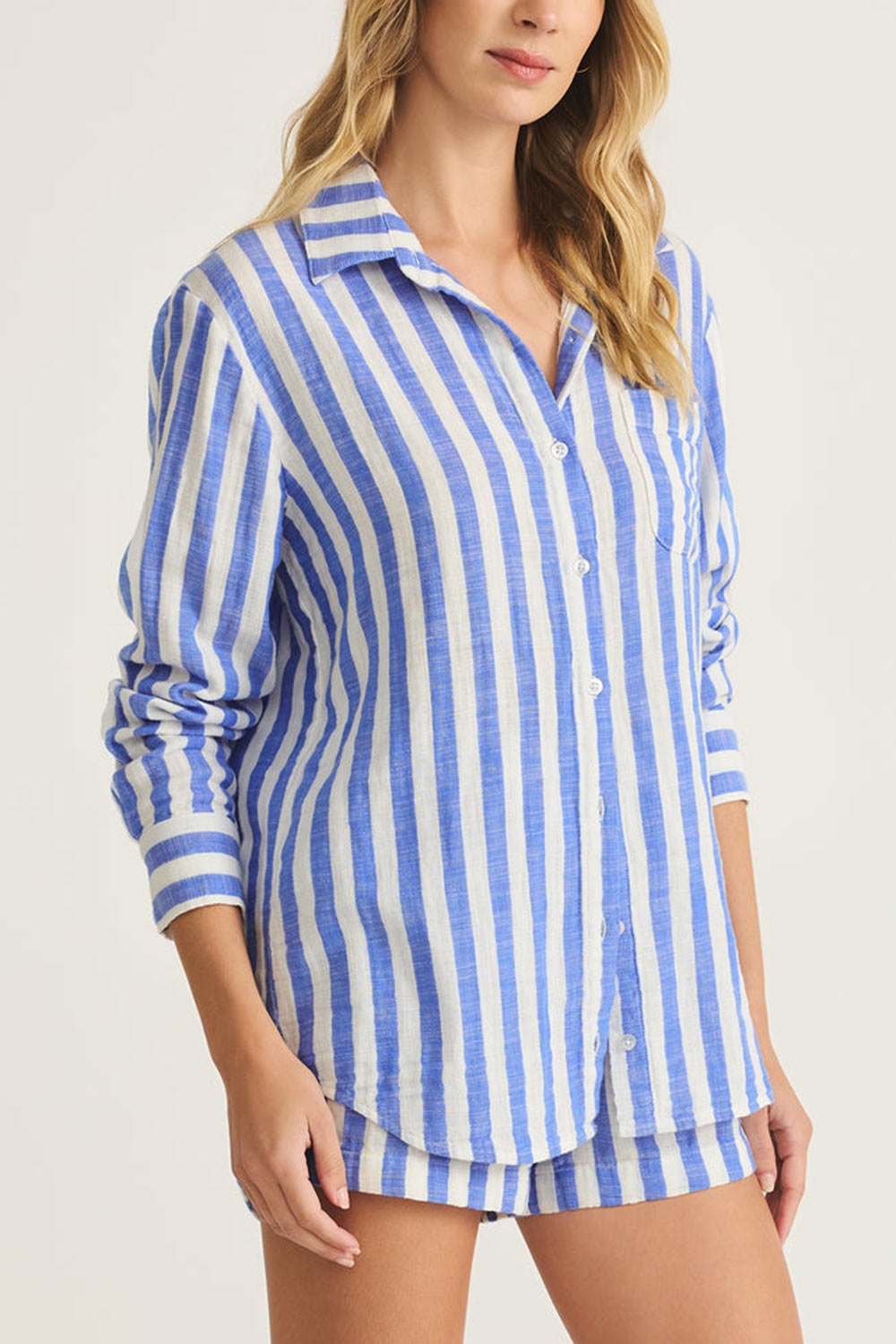 Cucuta Blue Striped Cotton Shirt | La petite garçonne model