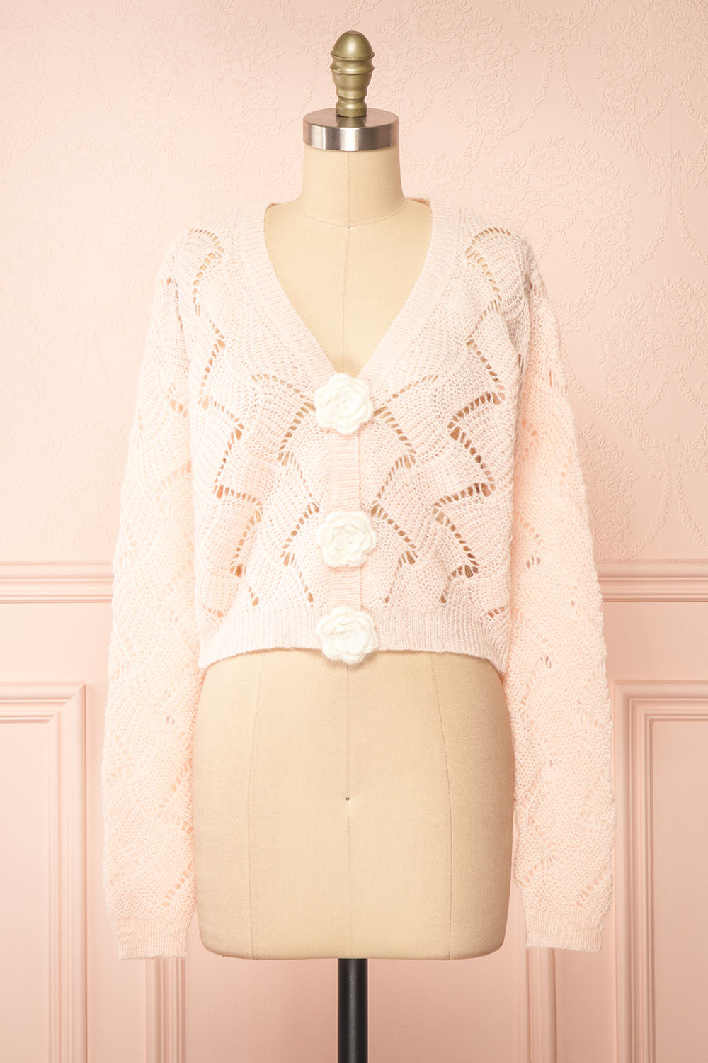Cupidona Pink Open-work Crochet Cardigan w/ Flowers | Boutique 1861 front view