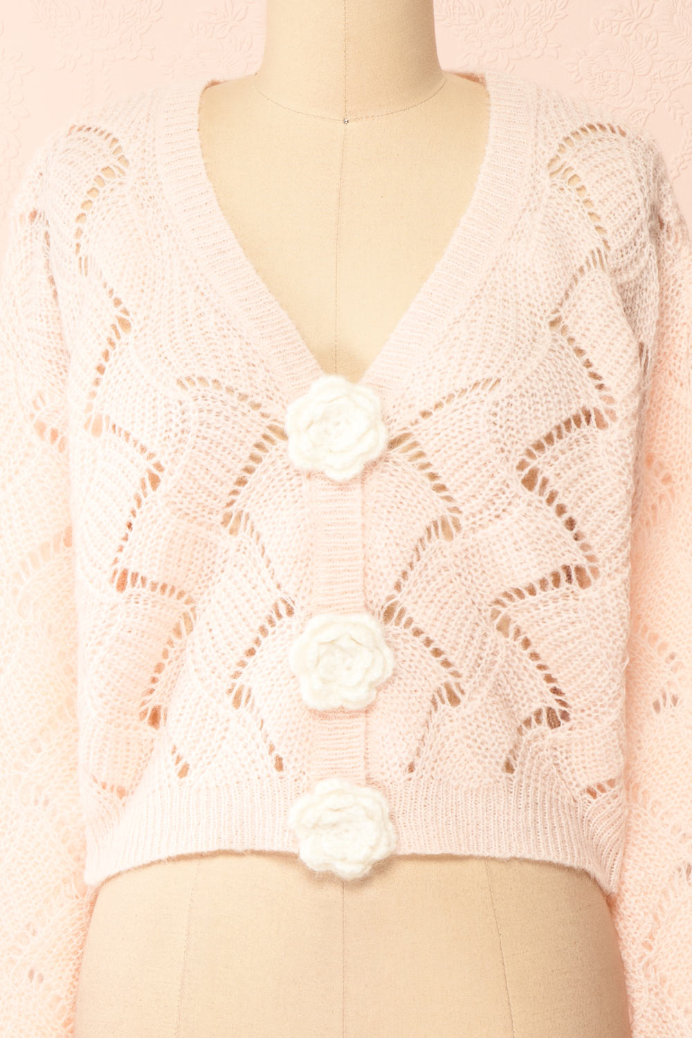 Cupidona Pink Open-work Crochet Cardigan w/ Flowers | Boutique 1861 front view
