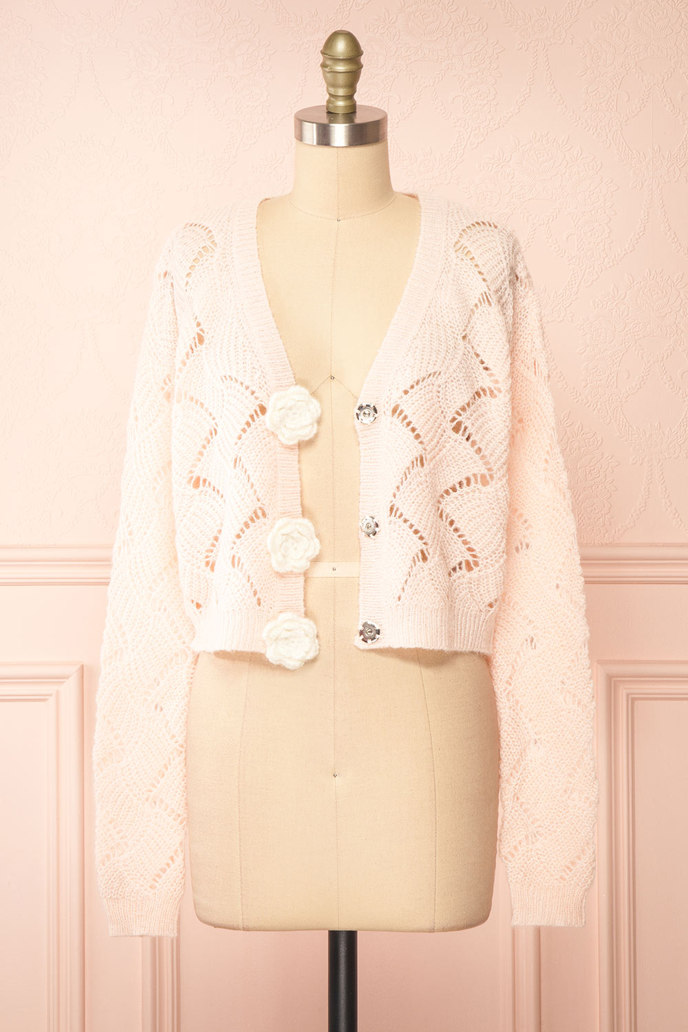 Cupidona Pink Open-work Crochet Cardigan w/ Flowers | Boutique 1861 open view