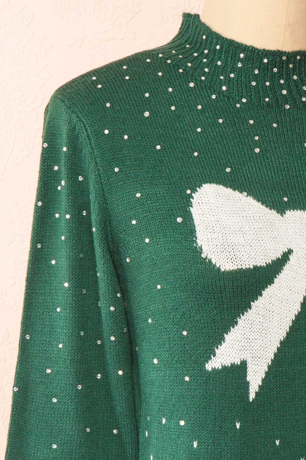 Cutiesmax Holidays Green Dress w/ Bows & Crystals | Boutique 1861 side close-up