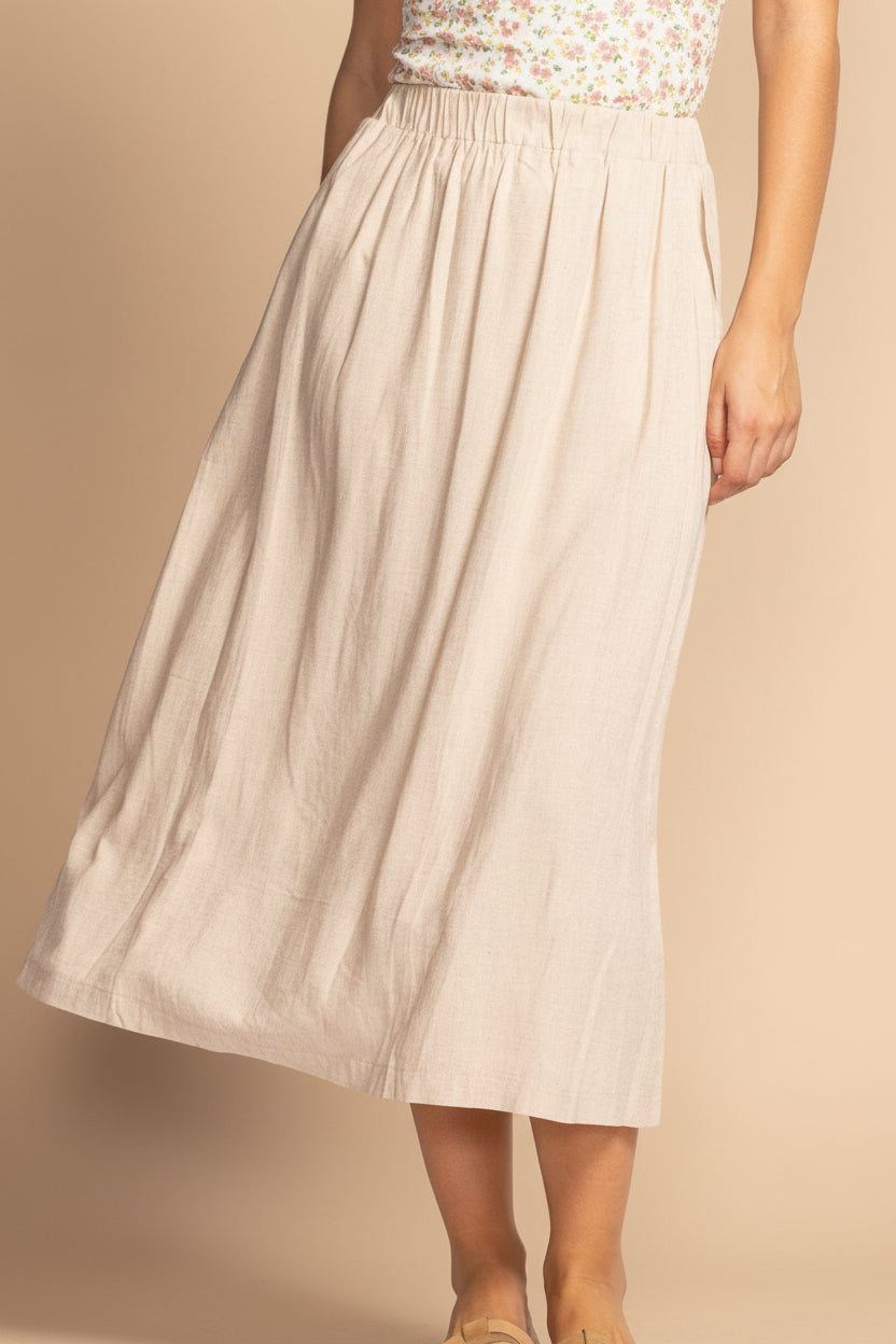 Cyriel Beige Linen Midi Skirt w/ Pockets | La petite garçonne