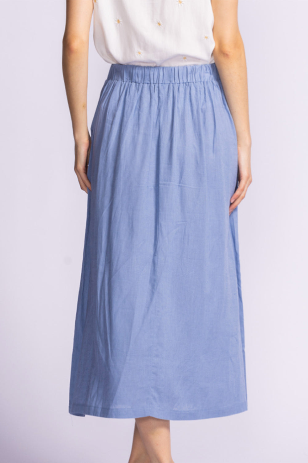 Cyriel Blue Linen Midi Skirt with Pockets | La petite garçonne back model