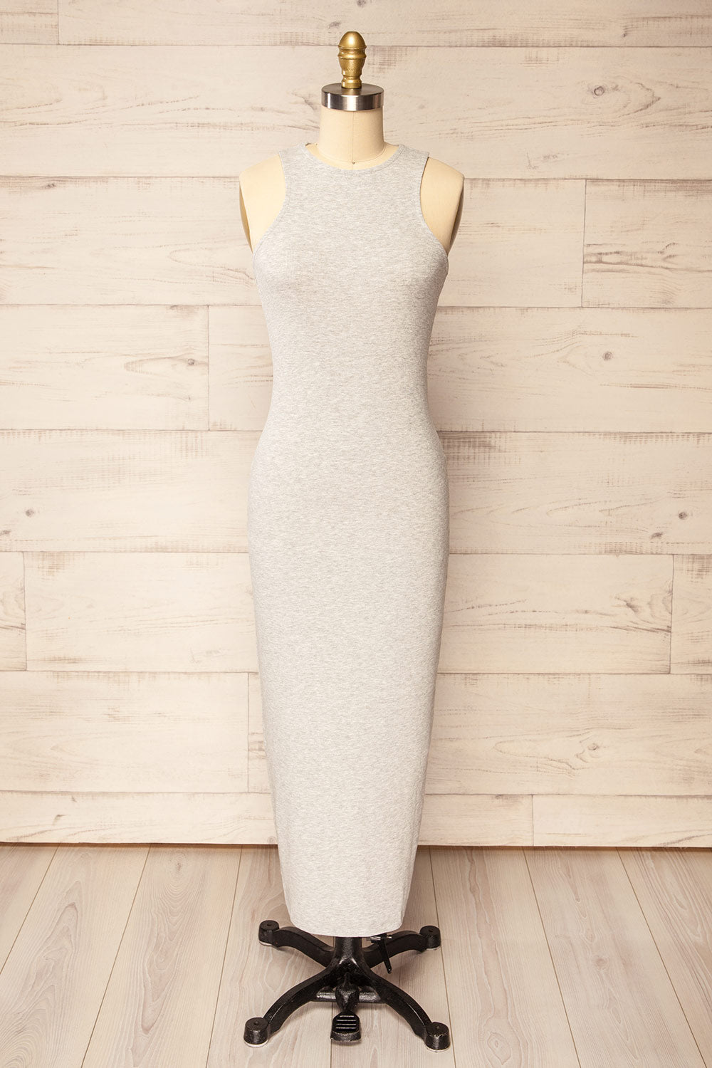 Daegu Grey Long Fitted Ribbed Dress | La petite garçonne front view