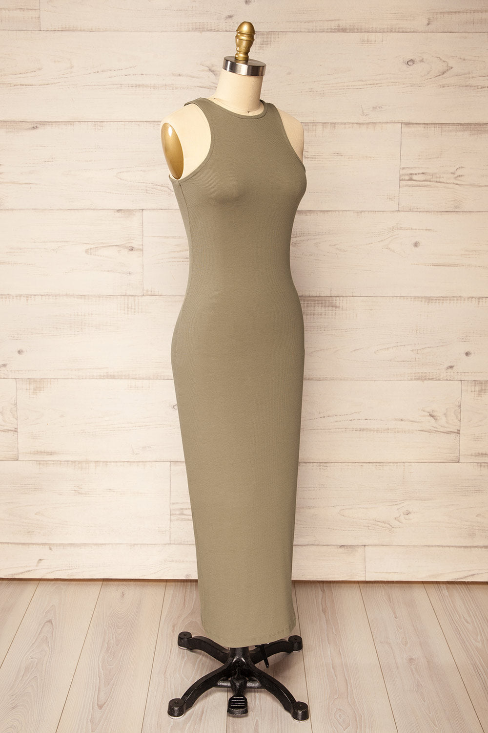 Daegu Khaki Long Fitted Ribbed Dress | La petite garçonne side view