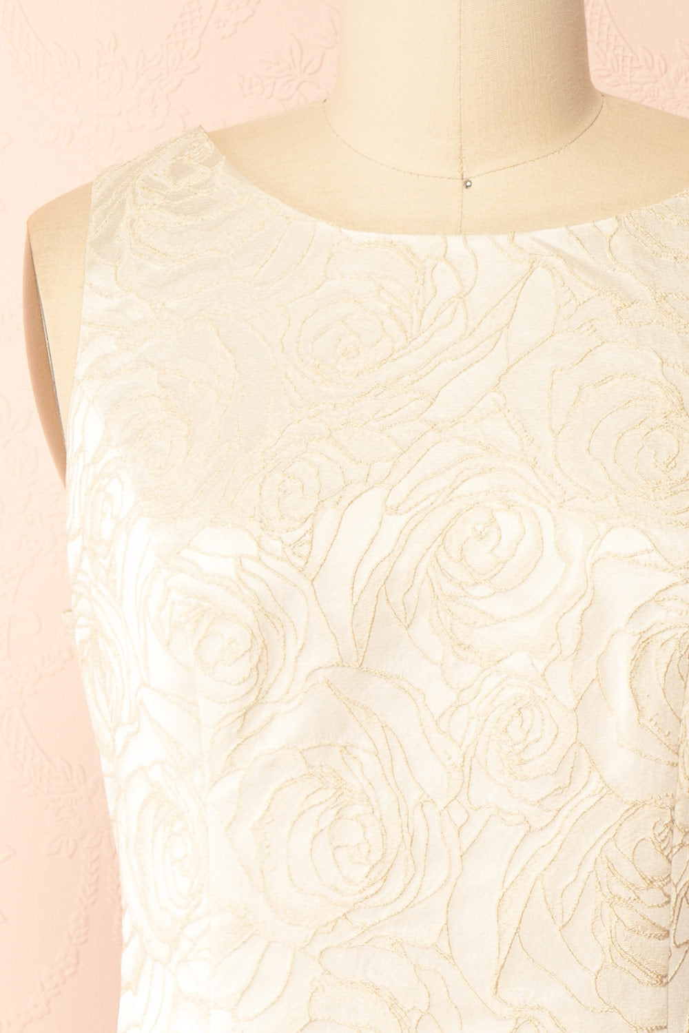 front of mannequin wearing Daenna Ivory, a Short Floral Embroidered Dress from boutique 1861