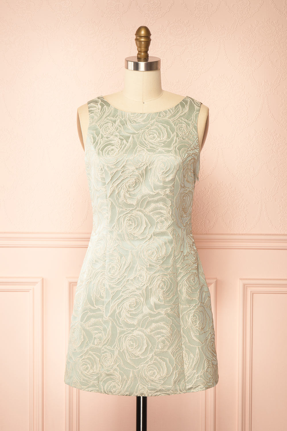 front view of a mannequin wearing a Daenna Sage Short Floral Embroidered Dress from boutique 1861