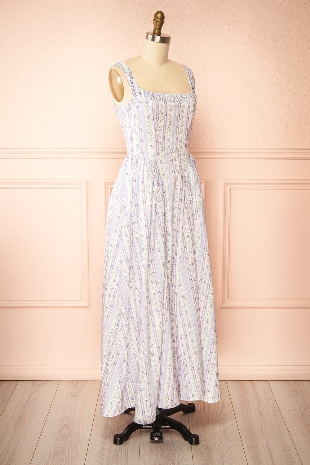 Daiko Lilac Floral A-Line Maxi Dress with Corset Bust | Boutique 1861 side view